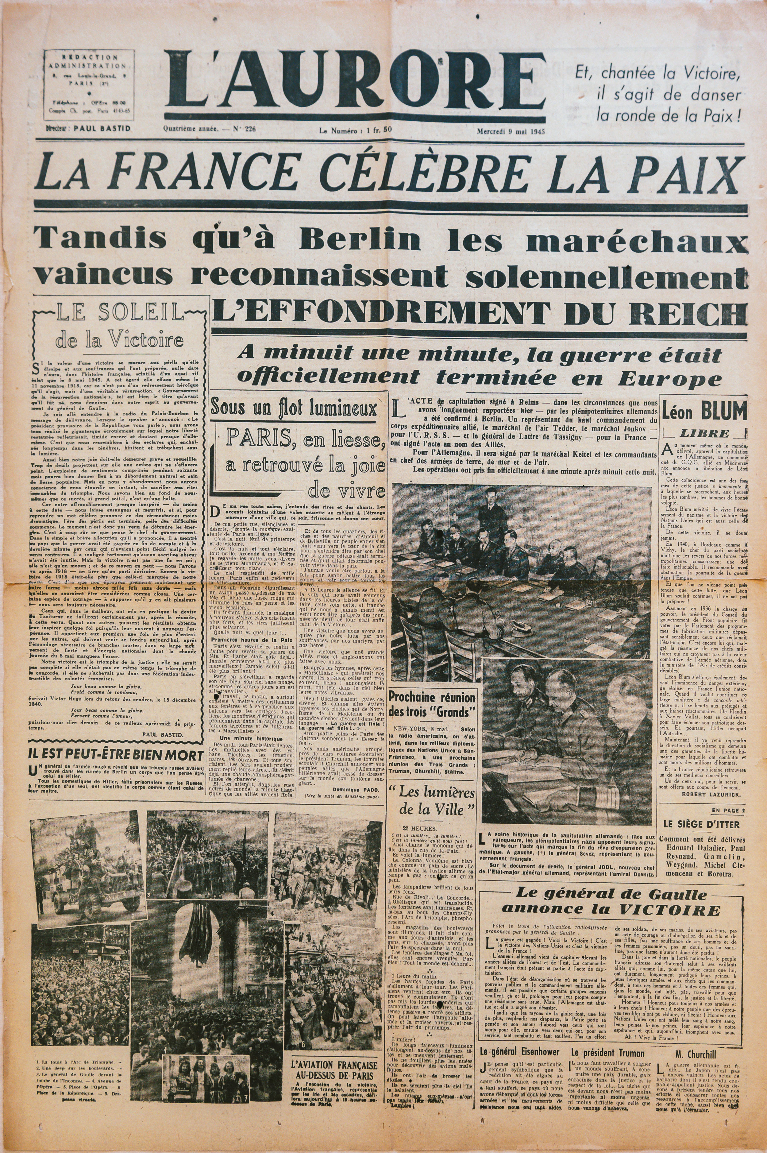 L’Aurore, Une du 9 mai 1945