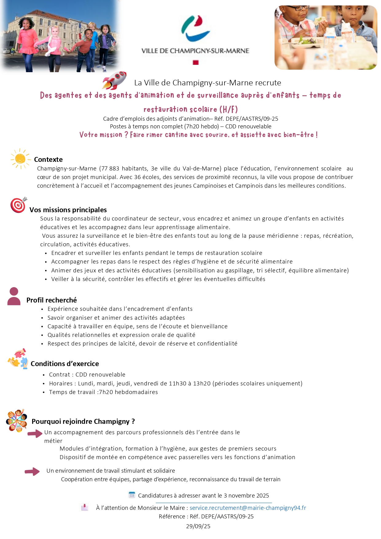 Des agentes et des agents d'animation et de surveillance auprès d'enfants – temps de restauration scolaire