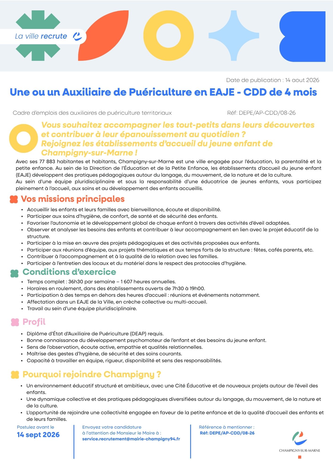 Une ou un Auxiliaire de Puériculture en EAJE - CDD de 4 mois