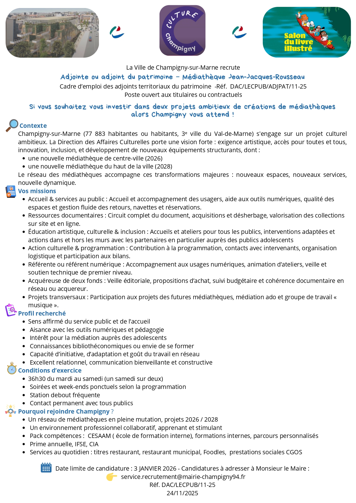 Adjointe ou adjoint du patrimoine – Médiathèque Jean-Jacques-Rousseau