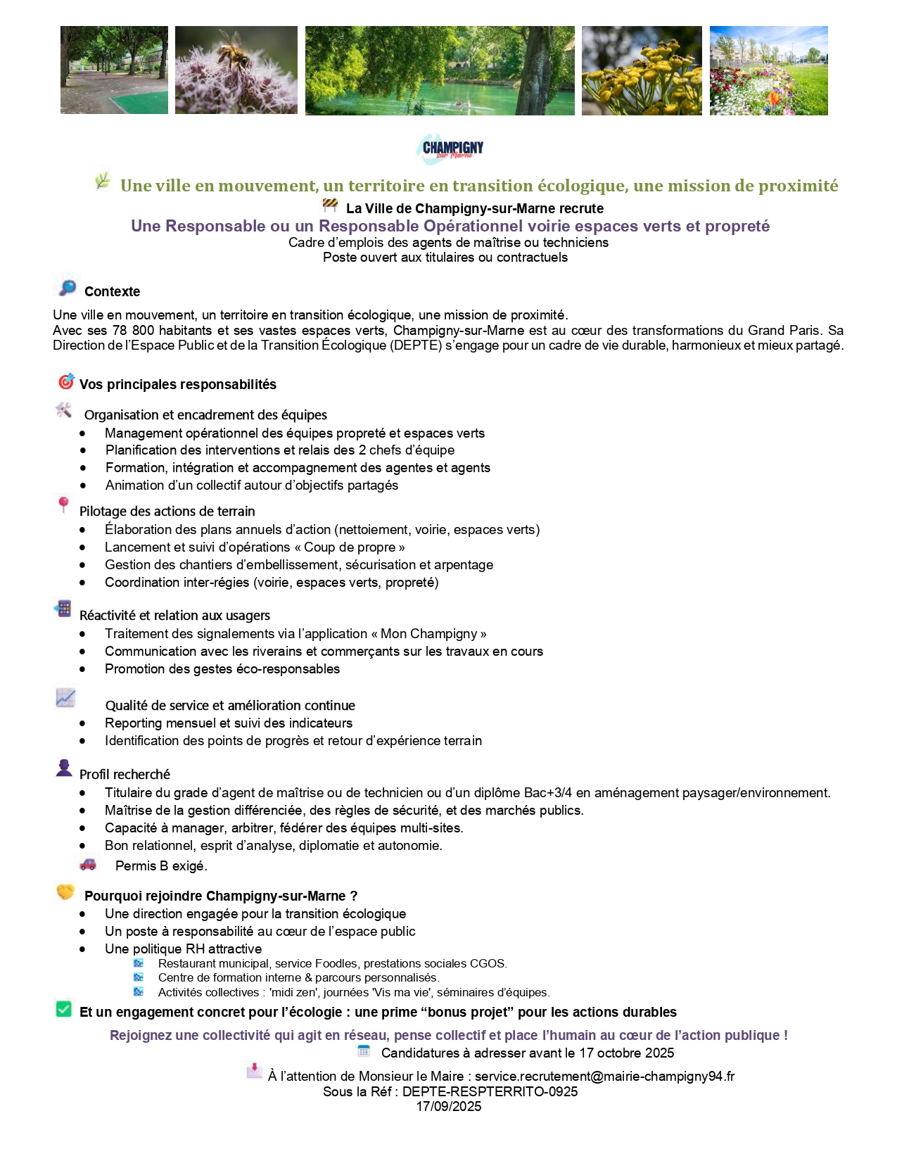 Une Responsable ou un Responsable Opérationnel voirie espaces verts et propreté 